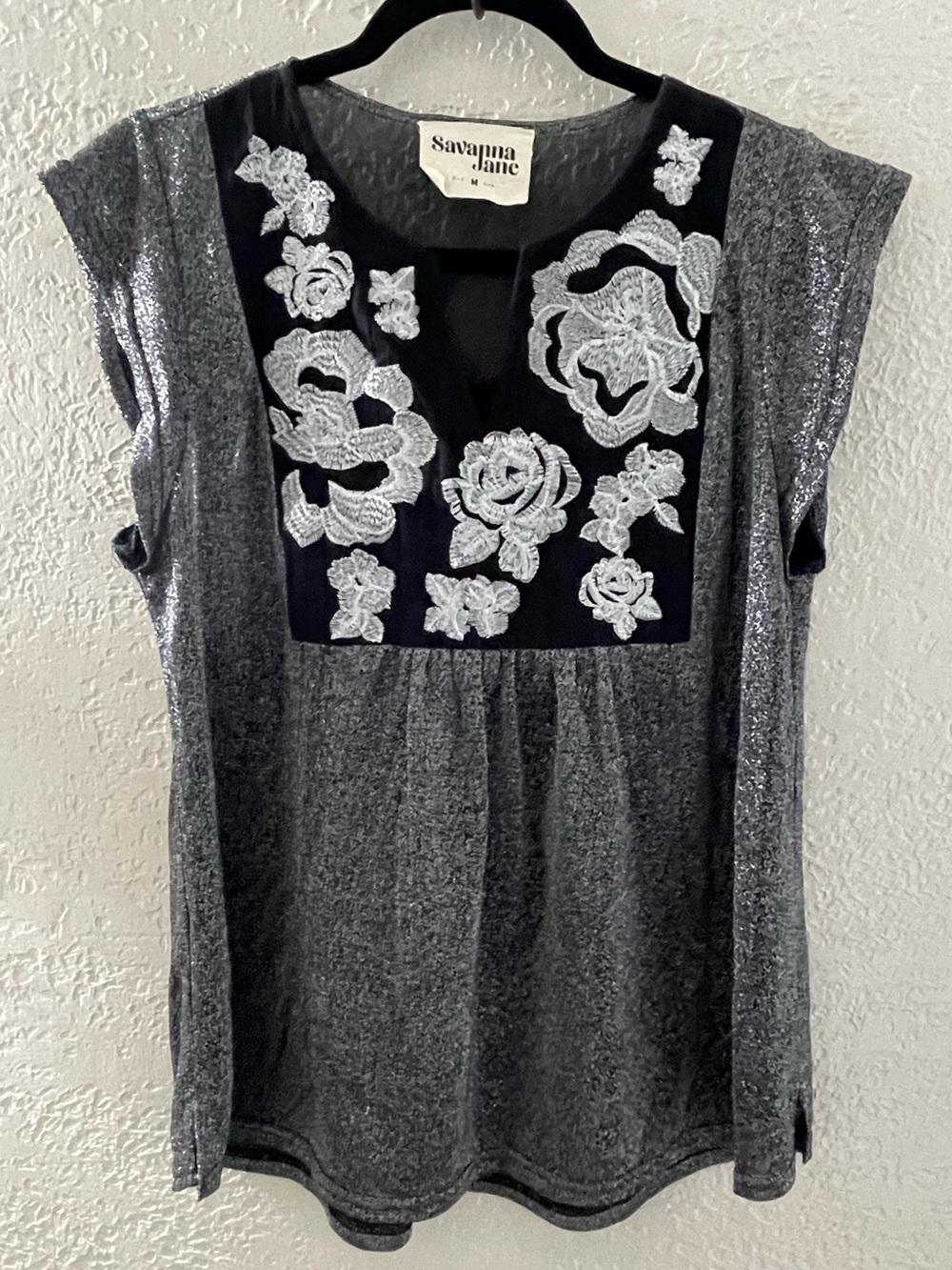 Savanna Jane Gray Top with Black Yoke and White Floral Embroidery Medium